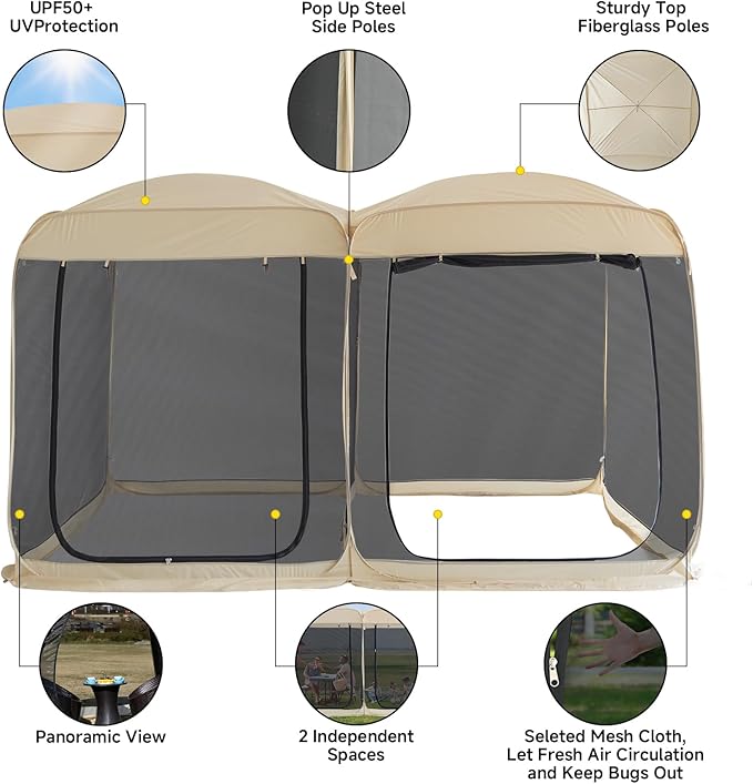 Alvantor Screen House Gazebo, 6-10-15 Person Pop Up Igloo Screened Canopy Tent with Mosquito Netting Sides, Instant UV Resistant Sun Shelter for Garden, Patio, Backyard