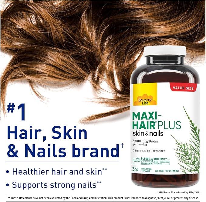 Country Life Maxi-Hair Plus 5000 mcg Biotin, 360 Capsules, Certified Gluten Free, Certified Vegetarian