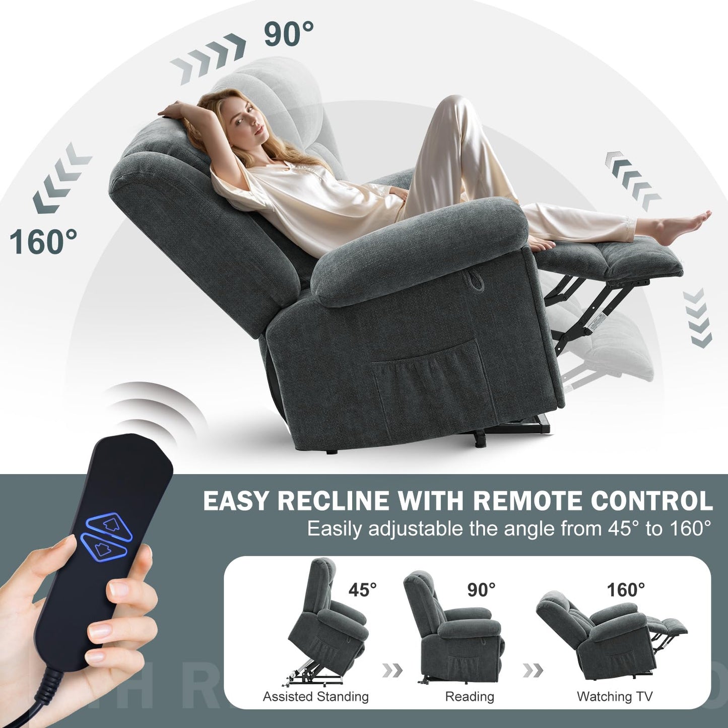 SENYUN Electric Power Lift Recliner Chair for Elderly with Heat & Massage, Chenille Large Reclining Chairs w/2 Concealed Cup Holders for Seniors Home Living Room,1PC,Grey Blue