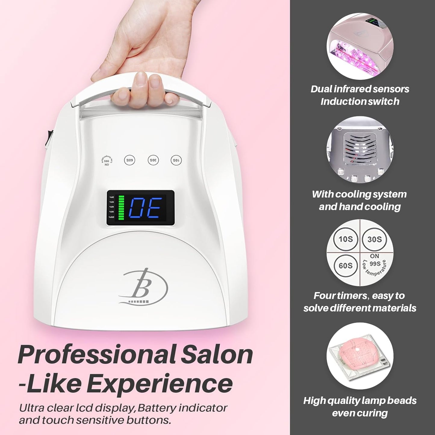 96W Rechargeable Cordless UV LED Nail Lamp,52 Beads Quick Dry with Remote Control,4 Timers,Auto Sensor,Key Sound,Cooling Fan,Professional Gel Nail Light Dryer for Manicures Pedicures