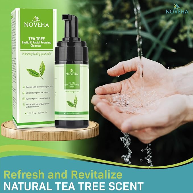 NOVEHA Tea Tree Oil Foaming Cleanser - Therapeutic Daily Skincare For For Eyelash & lids, MGD, Stye Eyes, Skin Dryness, Moisturize with Organic Ingredients, For All Skin Types (2 Pack)