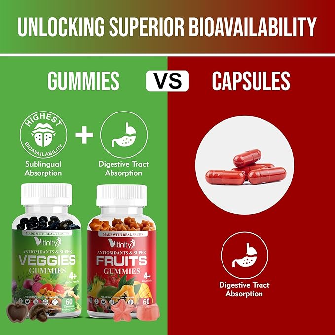 Made with Real Fruit and Real Veggie Gummies - Superfood Vegetable Vitamin Supplement for Women,Men & Kids - with a Blend of Fruit and Greens for Daily Health (60-Day Supply)
