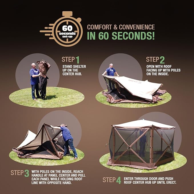 CLAM Pop Up Screen Tent, Outdoor Camping Gazebo Canopy, Pavilion, 12.5', Brown - Heavy-Duty Portable Screened Shelter with Netting for Beach, Patio, and Backyard