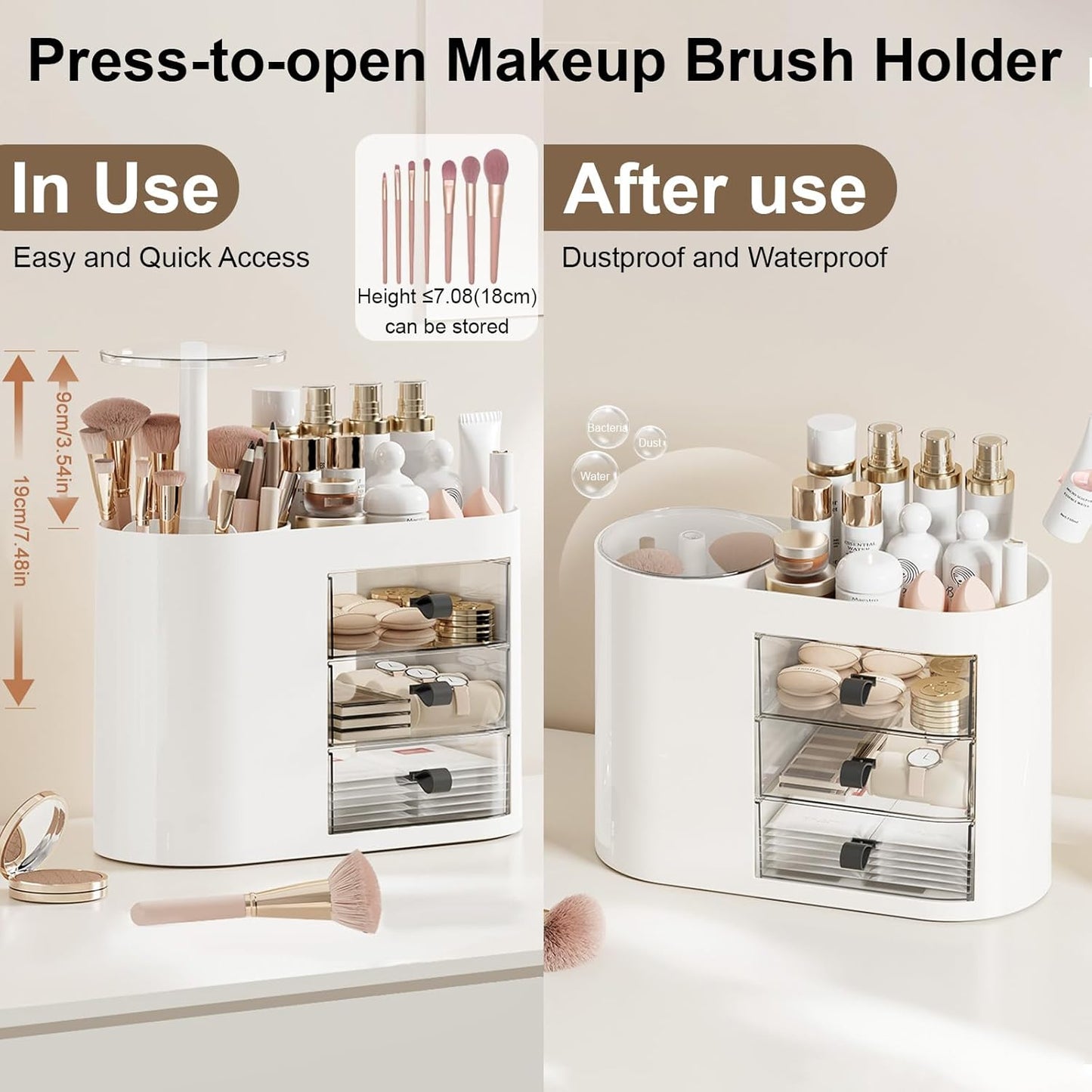 DASITON Makeup Organizer with 3 Drawers,Automatic Lifting Makeup Brush Holder with Lid,Large Capacity Makeup Organizers for Vanity,Bathroom Countertop,Ideal Storage Skin Care,Brushes,Lipstick (White)