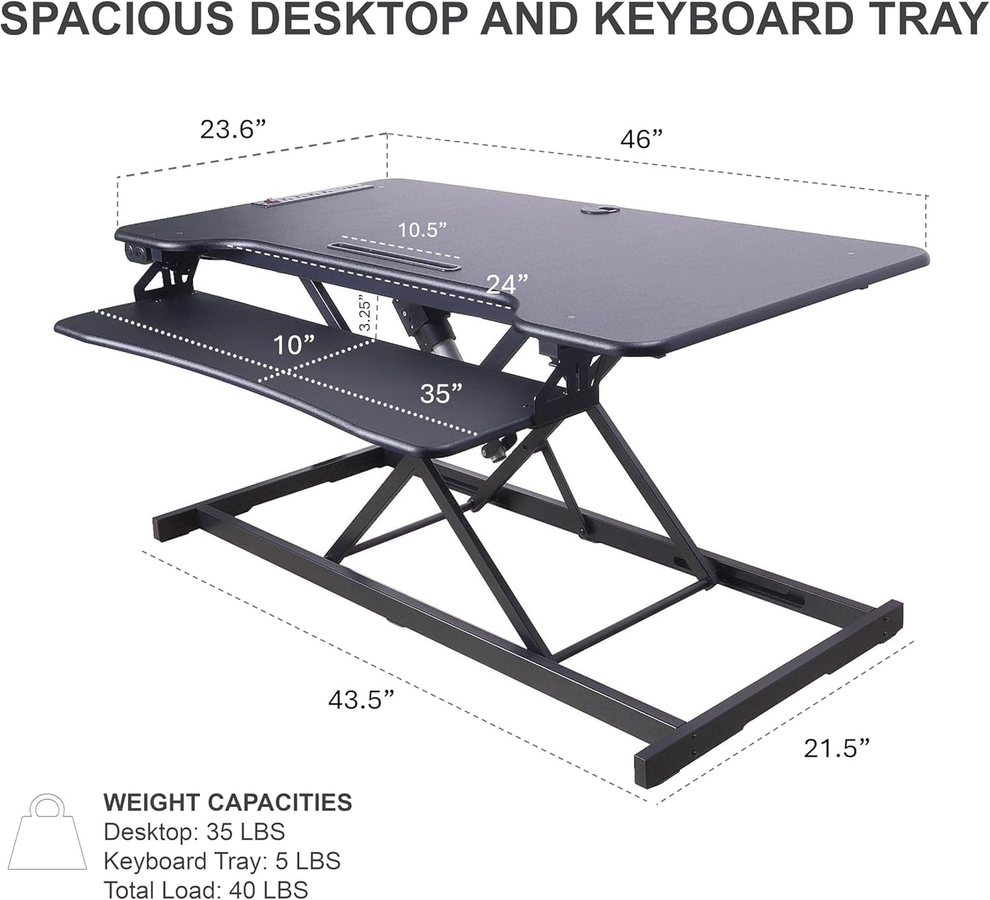 Rocelco 46" Electric Standing Desk Converter with AC Outlet USB Charger and Triple Monitor Arm Mount - Motorized Adjustable Sit Stand Riser - Tabletop Workstation Keyboard Tray - Black (R EDRB-46-DM3)