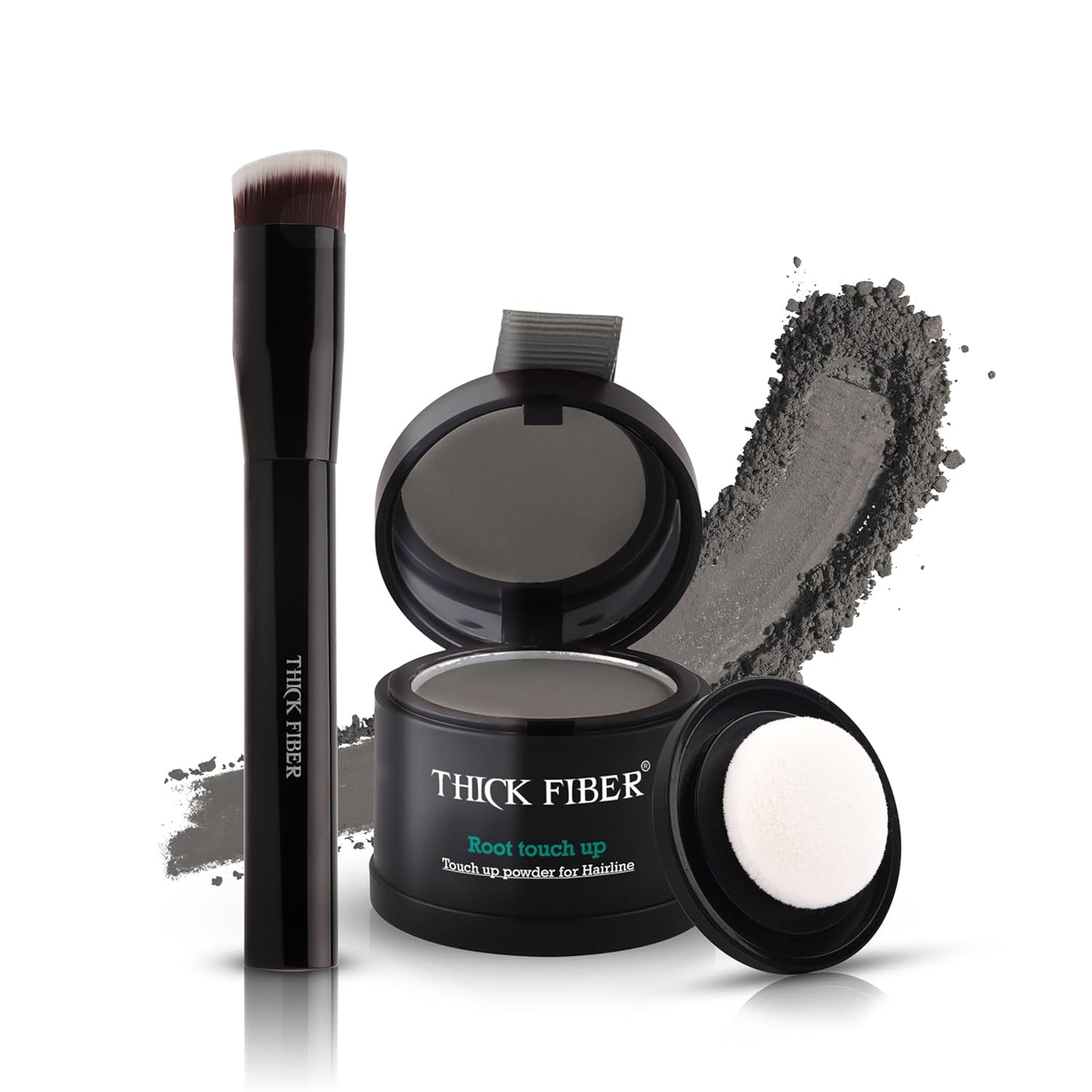 THICK FIBER Root Touch Up Powder, Cover Up Hairline for Thin- Water & Sweat Resistant Hair Loss Concealer Set with for Thinning Hair Women, Includes Brush (Grey)