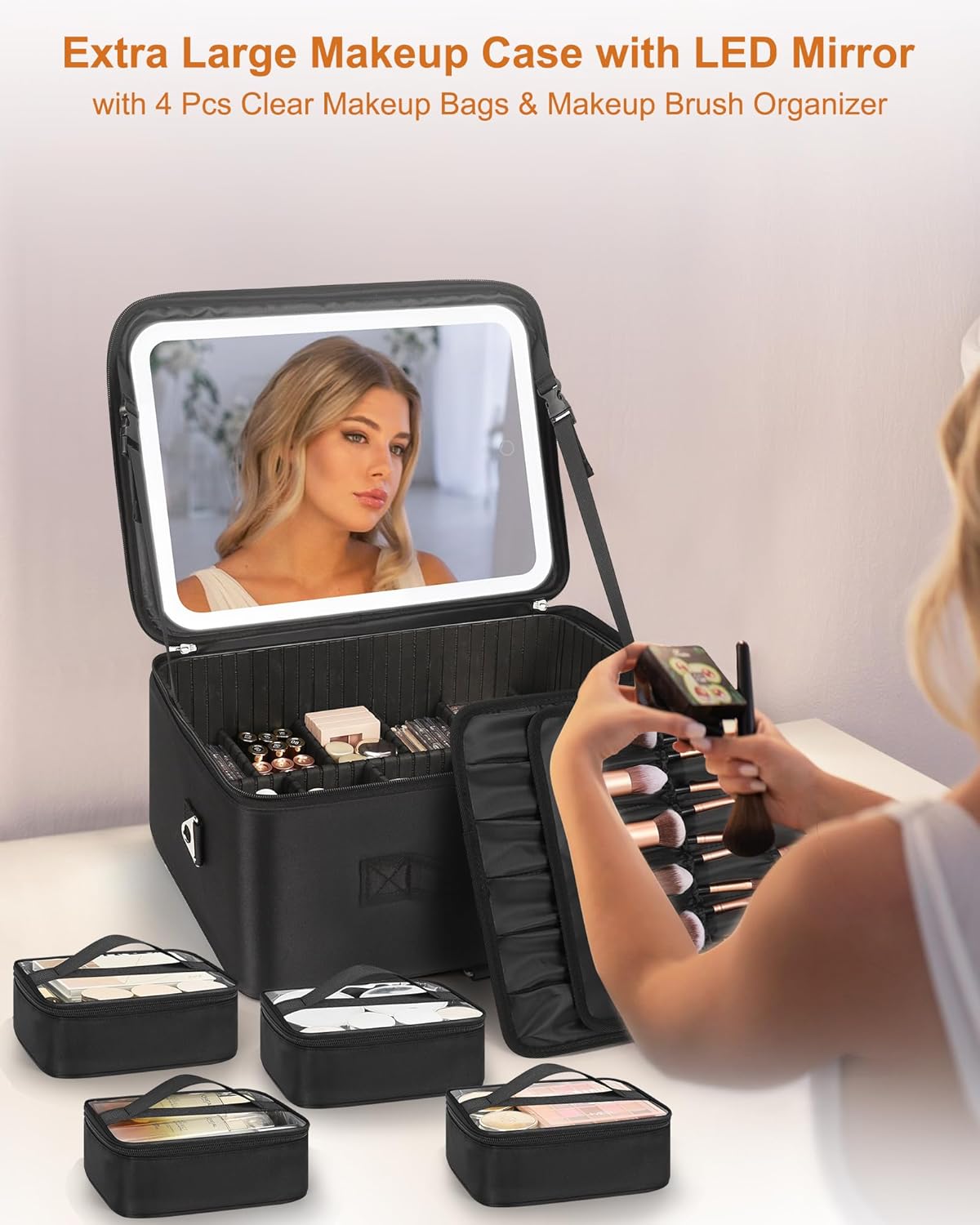 Relavel Extra Large Cosmetic Bag with LED Mirror, Train Makeup Case with Adjustable Dividers and 4 Removable Pouches, Hair Supplies Organizer, Portable Cosmetic Organizer Bag for Makeup Artists
