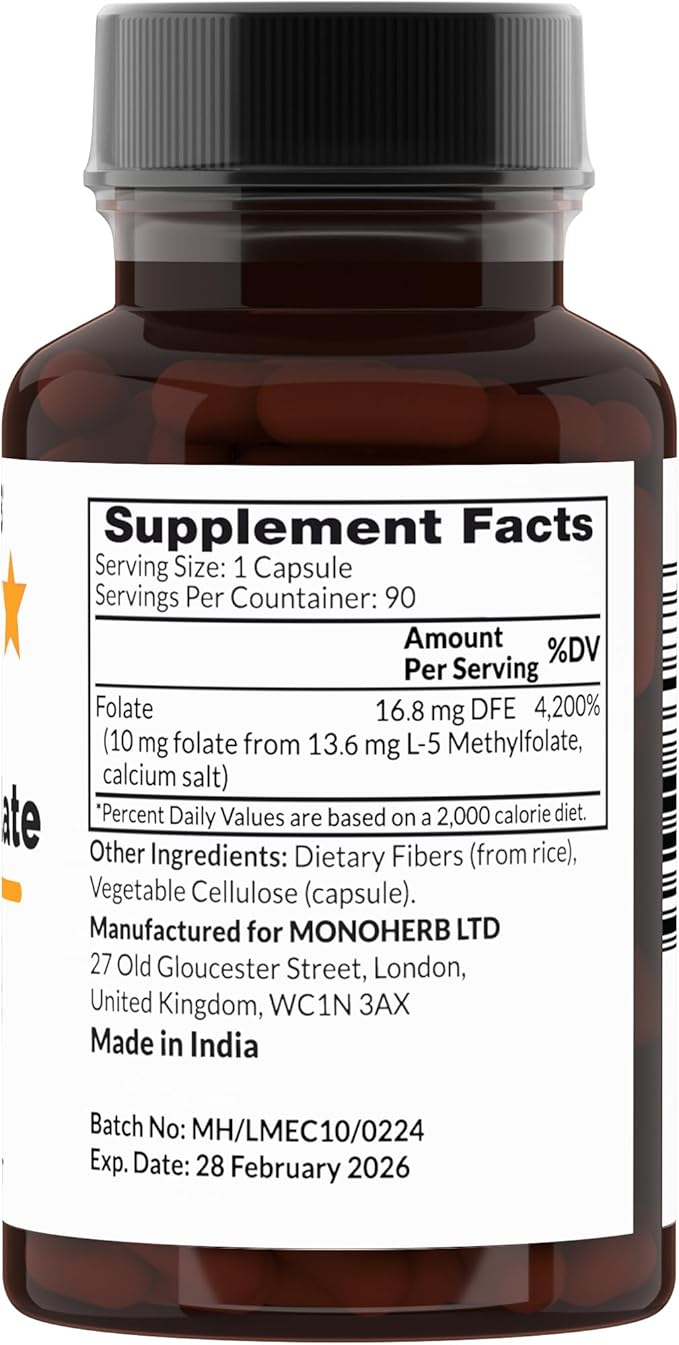 L-Methylfolate 5-MTHF 10 mg - 90 Vegetarian Capsules - Methyl Folate Supplement