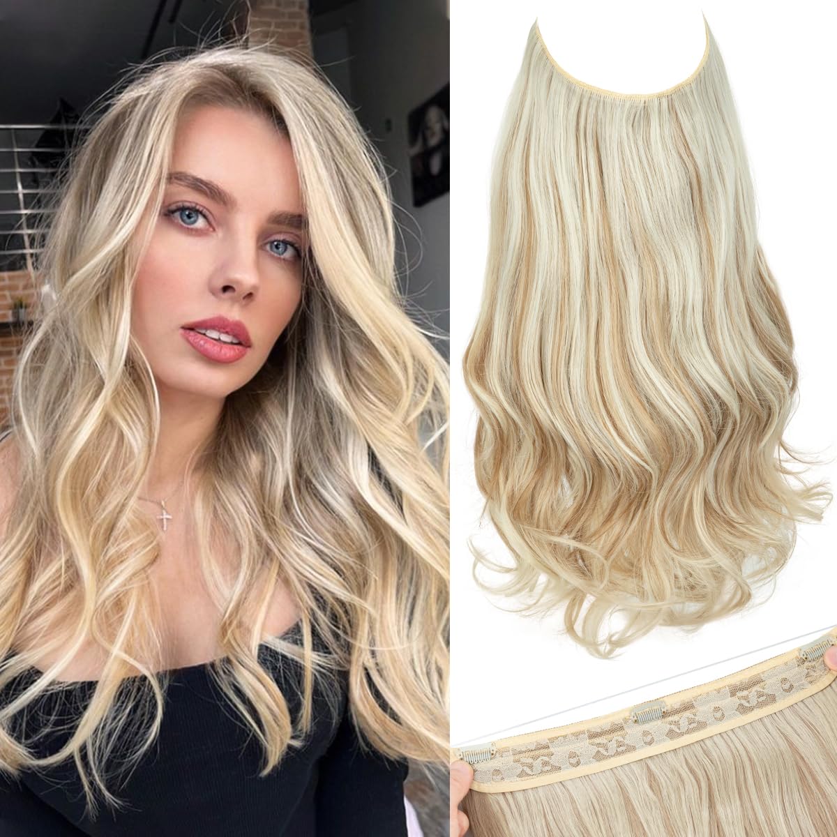 SARLA Invisible Wire Hair Extensions with 3 Clips Short Wavy Curly Synthetic Hairpiece for Women Adjustable Transparent Headband 14 Inch Sunny Blonde
