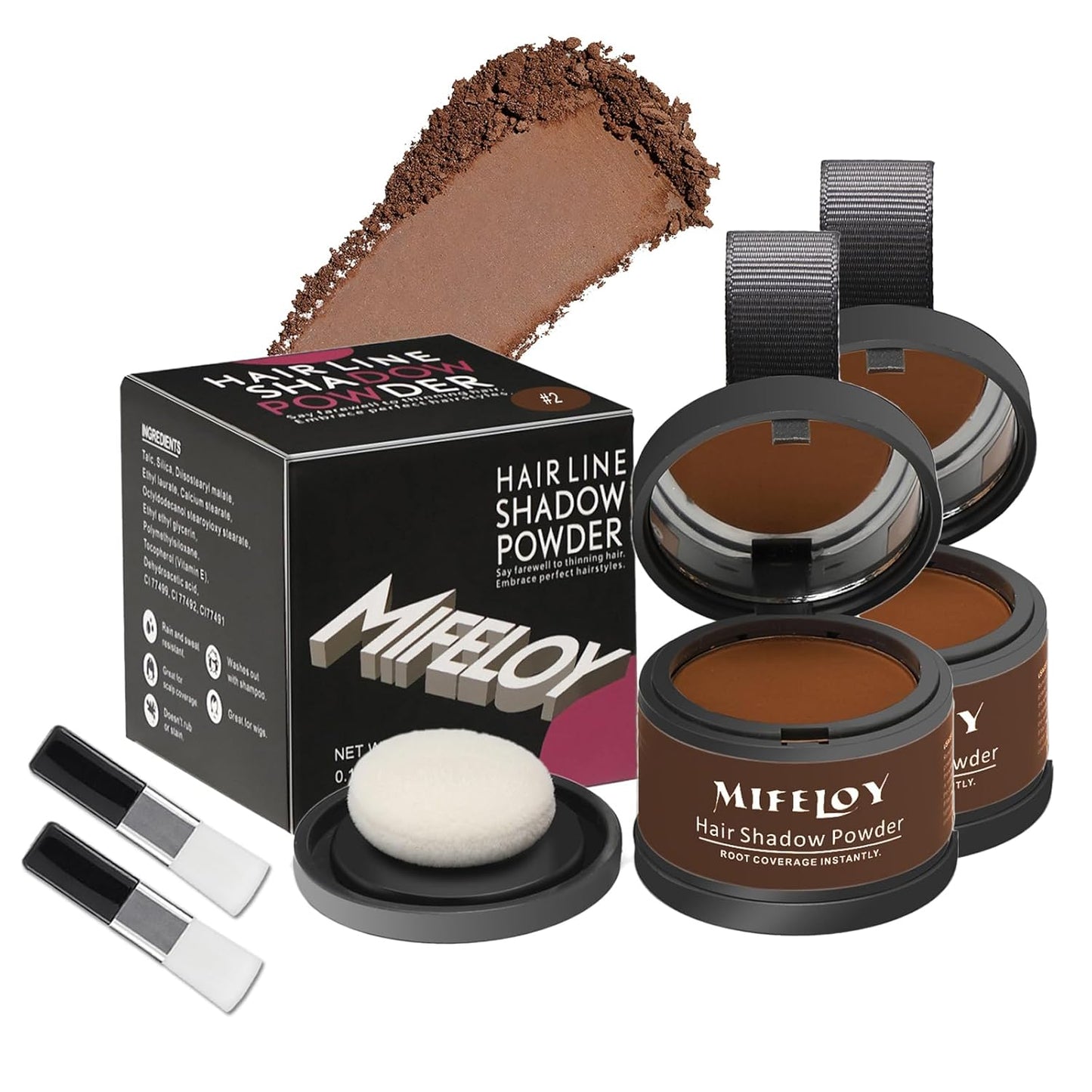 2 Pack Root Cover Up Powder, Medium Brown - Long-lasting Gray Hair Root Concealer for Hairline, Beard Line, Eyebrow, Instantly Covers Thinning Grays, Touch Up Hair Color for Travel
