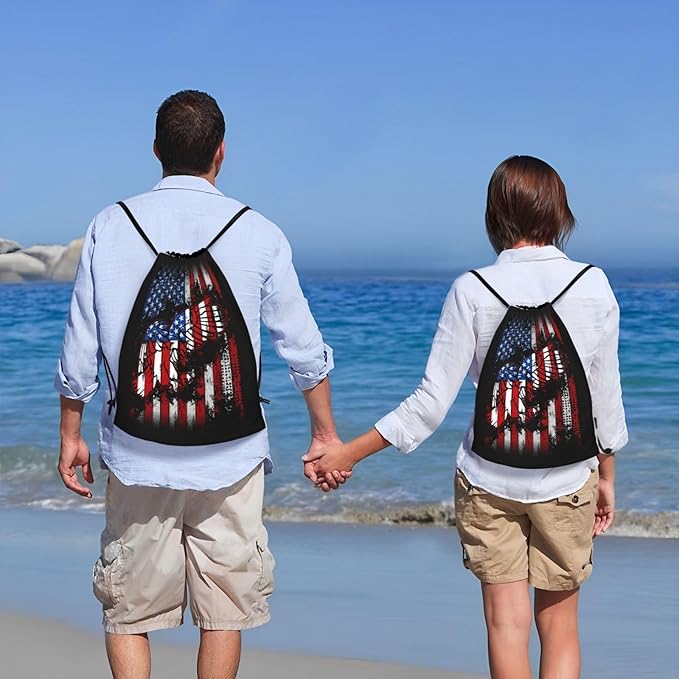 Eagle Outline Drawstring Backpack American Flag Gym Bag Patriotic Gift for Independence Day, Memorial Day, 4th of July Party Favor Goodies Storage