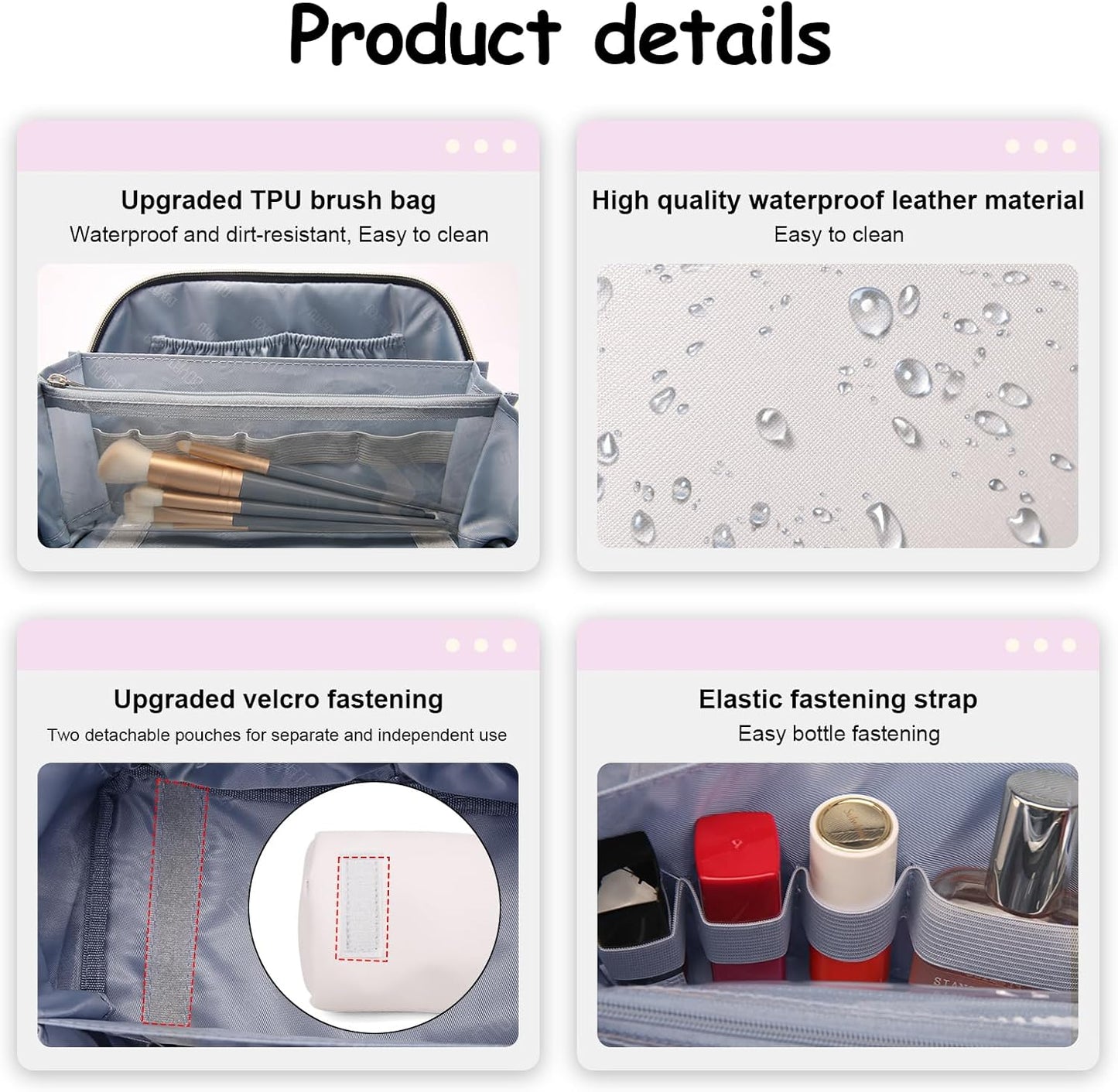 BOYATU Travel Makeup Bags for Women: Vegan Leather Cosmetic Bag Set of 3 - Large Capacity Make up Bag with Divider - Wide Open Waterproof Toiletry Organizer Bag with Handle (05-Off-White)