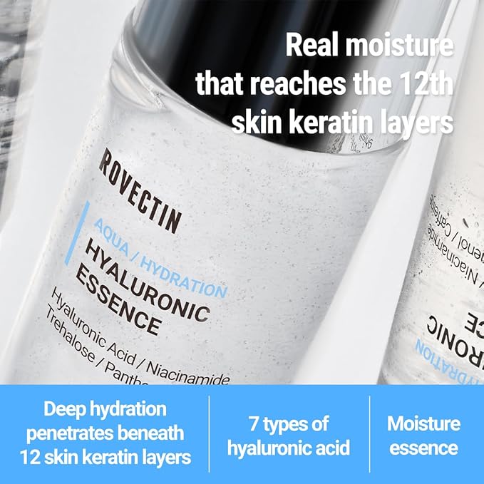 ROVECTIN Aqua Hyaluronic Essence (Activating Treatment Lotion) - 7 Layers Hyaluronic Acid Facial Toner with Niacinamide & Panthenol, Vegan Korean Skin Care (6.08 fl.oz)