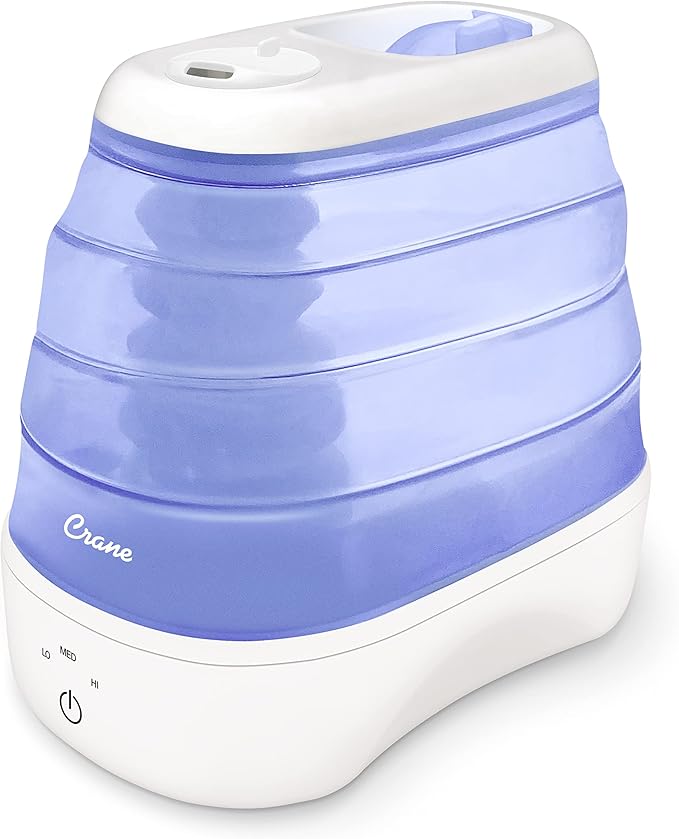 Crane Collapsible Cool Mist Humidifier for Bedroom and Office, 1 Gallon Portable Humidifier for Travel and Easy Storage, Blue and White