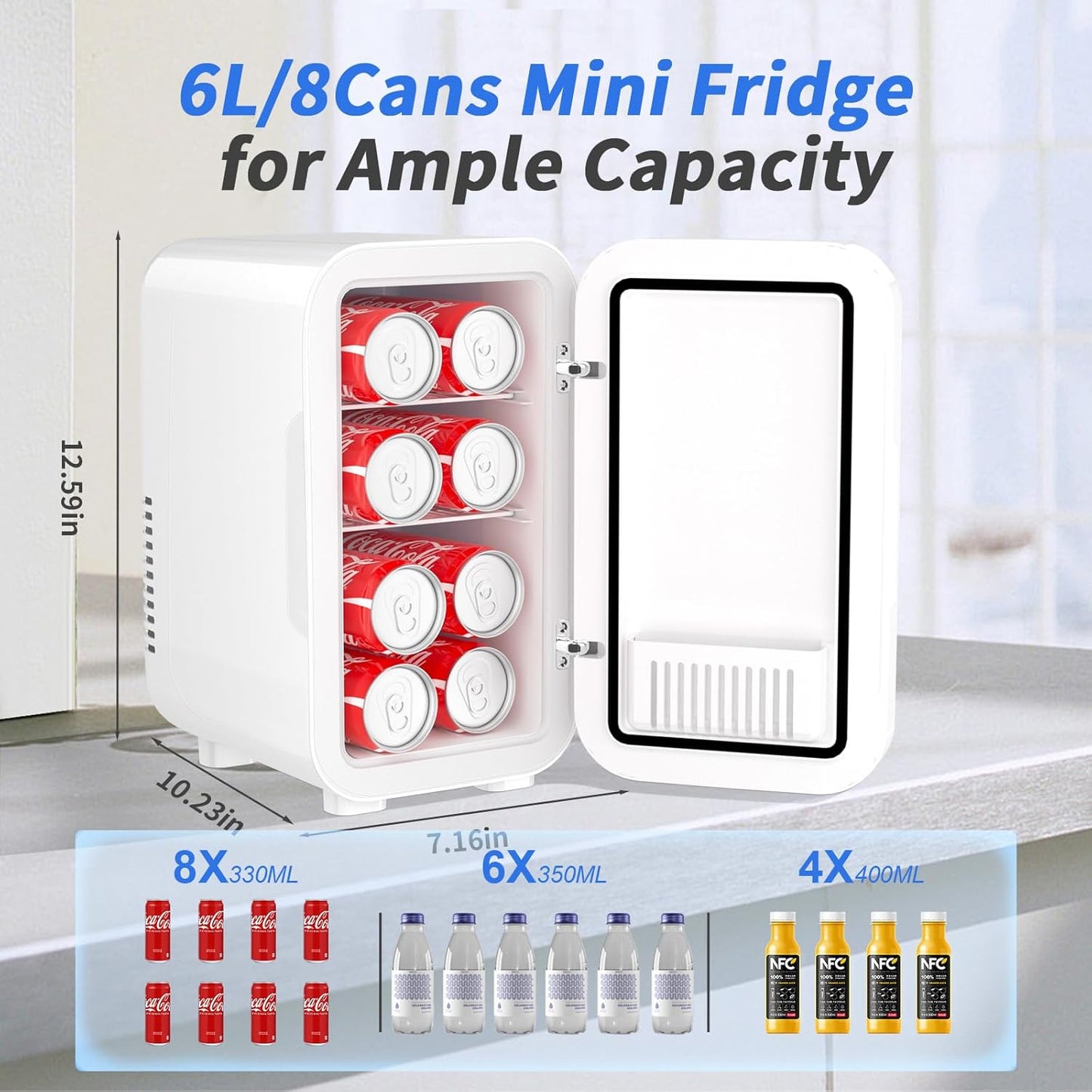 YASHE Mini Fridge, 6 Liter/8 Can 110V AC/DC Portable Thermoelectric Cooler Refrigerators for Bedroom, Skincare, Beverage, Office, Dorm Room and Car, White