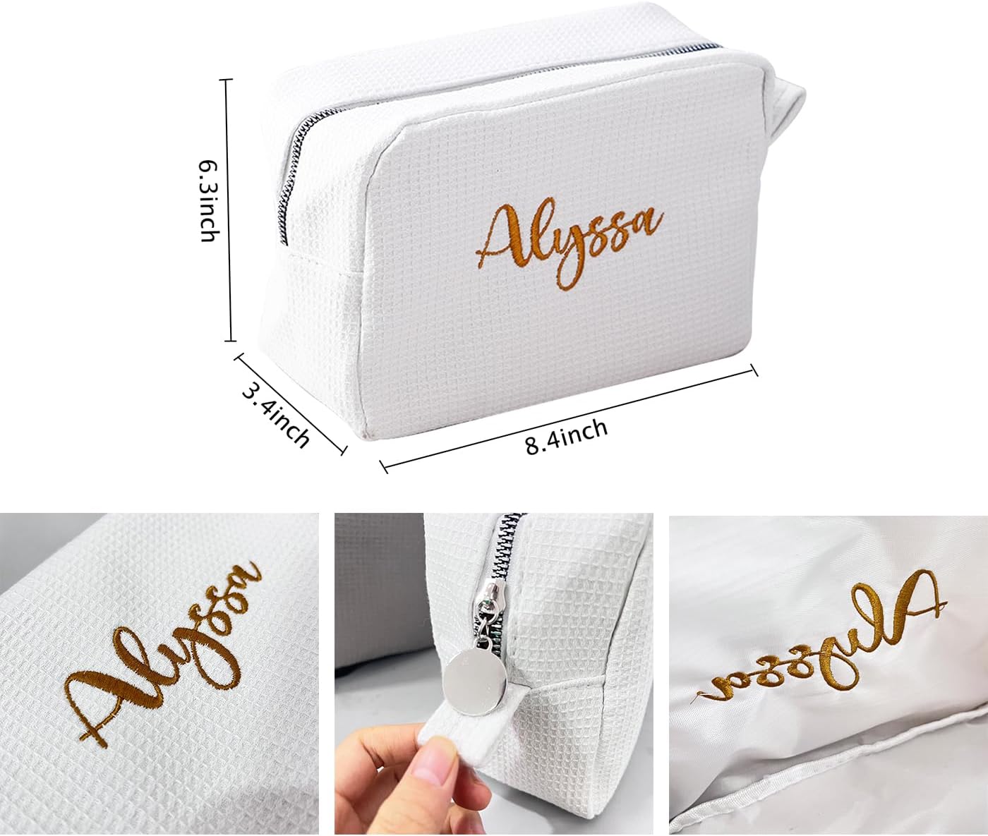GOPHIE Personalized Embroidered Makeup Bag,Custom Waffle Fabric Cosmetic Pouch for Women, Travel Makeup Pouch (6, White)