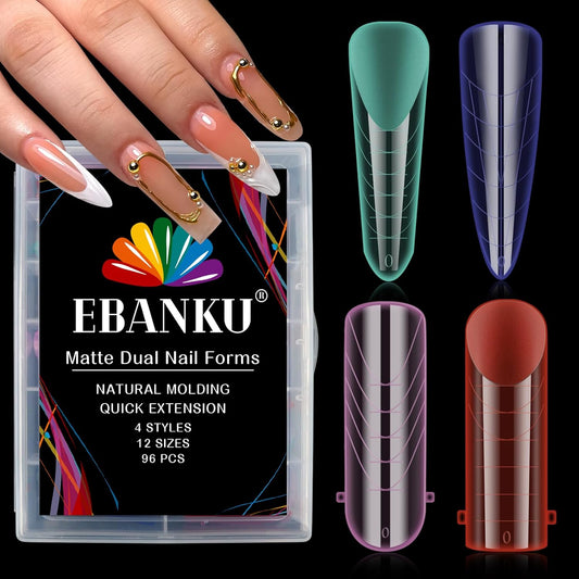 EBANKU Dual Nail Forms for Poly Extension Gel, 96 PCS Colorful Nail Molds Reusable Nail Extension Forms for Builder Gel Manicure Design Salon DIY-12 Sizes