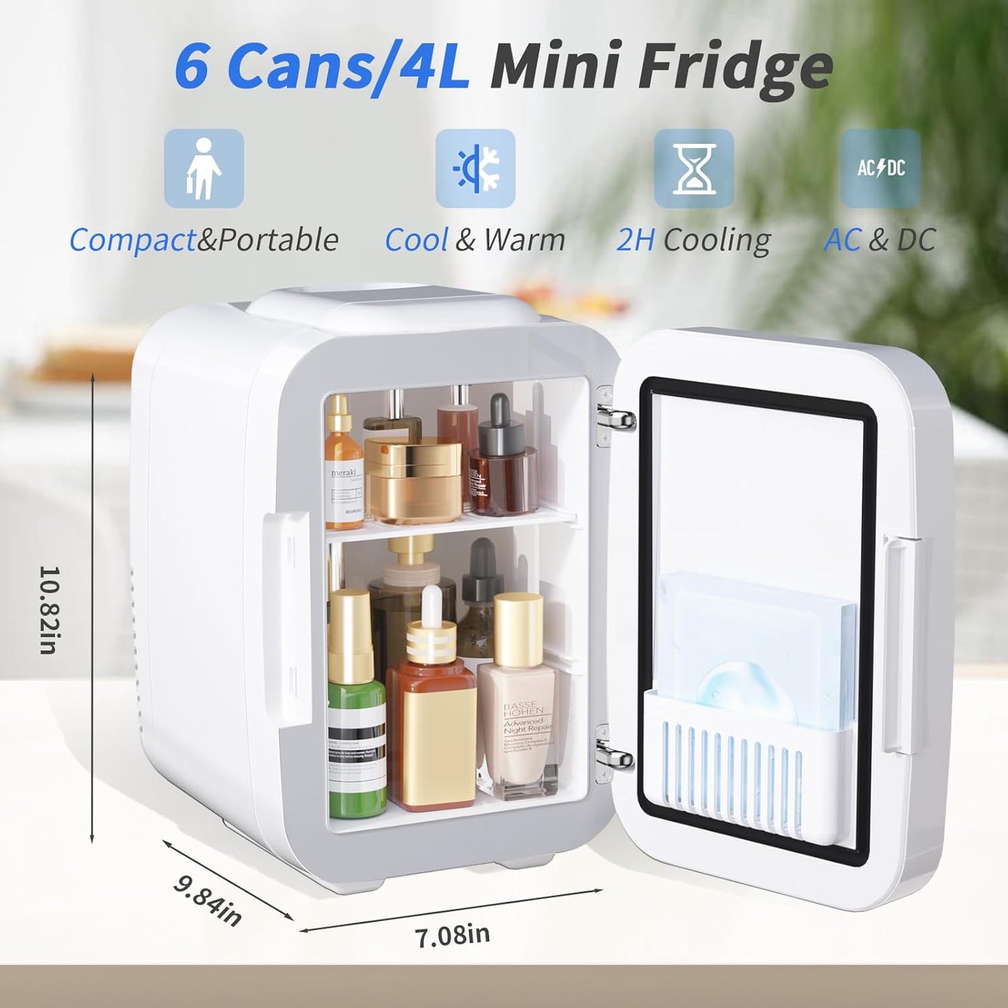 YASHE Skincare Fridge Mini Fridge for Bedroom with Dimmable LED Mirror, 4Liter/6 Cans Cooler and Warmer for Makeup, Cosmetic, Beauty, Portable Refrigerator for Bedroom, Vanity, Office and Car- White