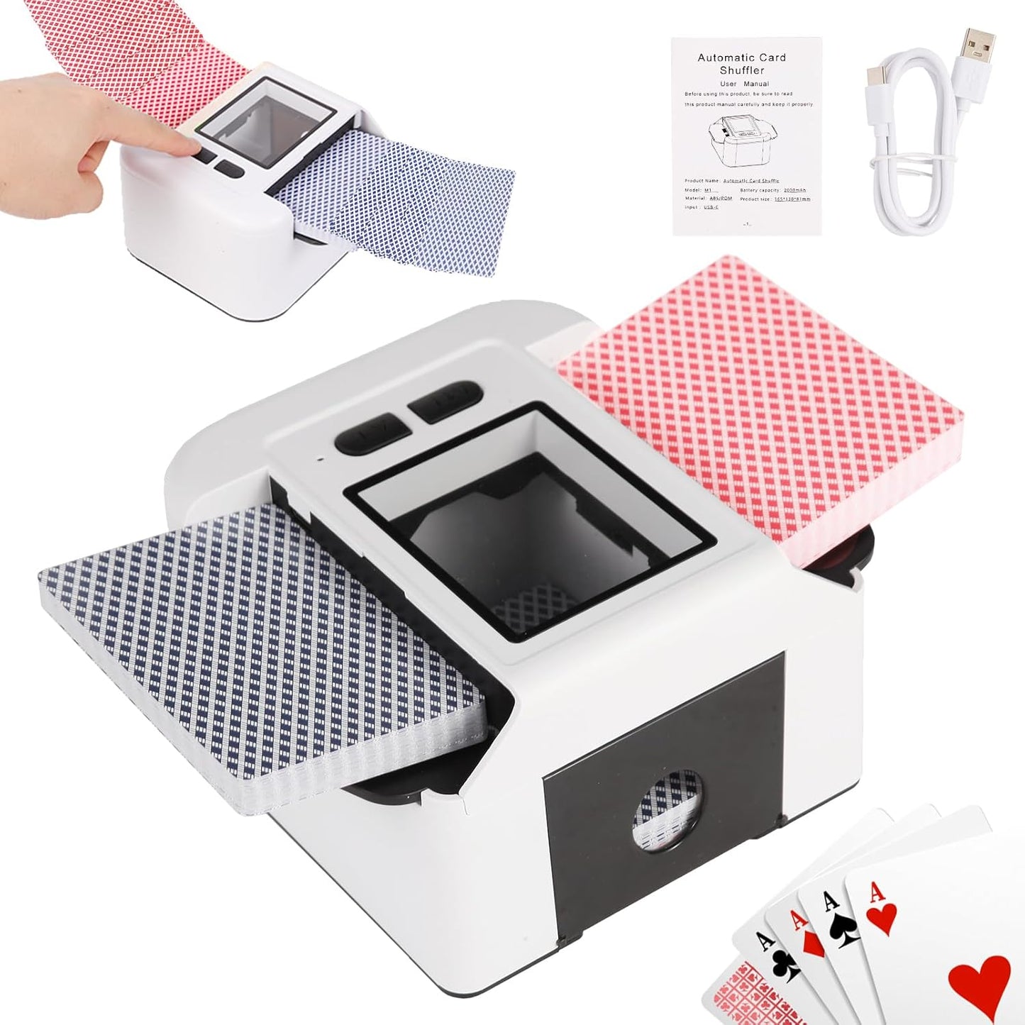 Automatic Card shuffler 1-2 Deck, 2000 mAH USB-C Rechargeable Electronic Card shuffler, Quiet Card shuffler for UNO Poker Blackjack Canasta Skip-Bo Phase 10, One-Press AUTO and Manual