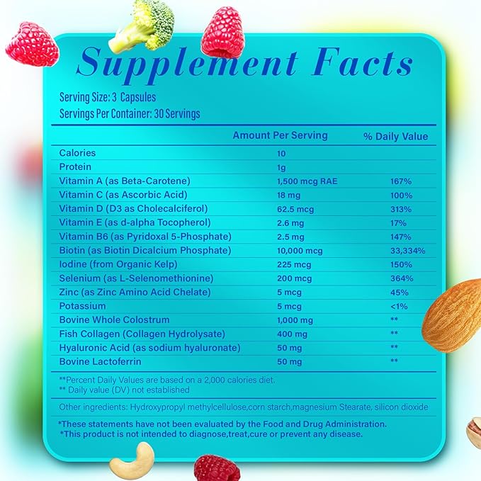 Hair Skin and Nails Vitamins, Biotin with Bovine Colostrum, Collagen & Vitamin A, B6, C, D, E, Supports Healthy Hair, Nails & Skin for Men and Women-042
