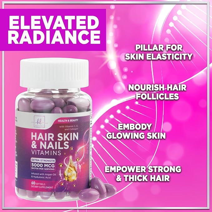 Hair, Skin & Nails Vitamins for Women - Biotin 5000mcg to Support Hair Growth with Argan Oil, Collagen & Hyaluronic Acid, Beautiful, Stronger Skin, Hair & Nails Vitamin Supplement - 60 Softgels