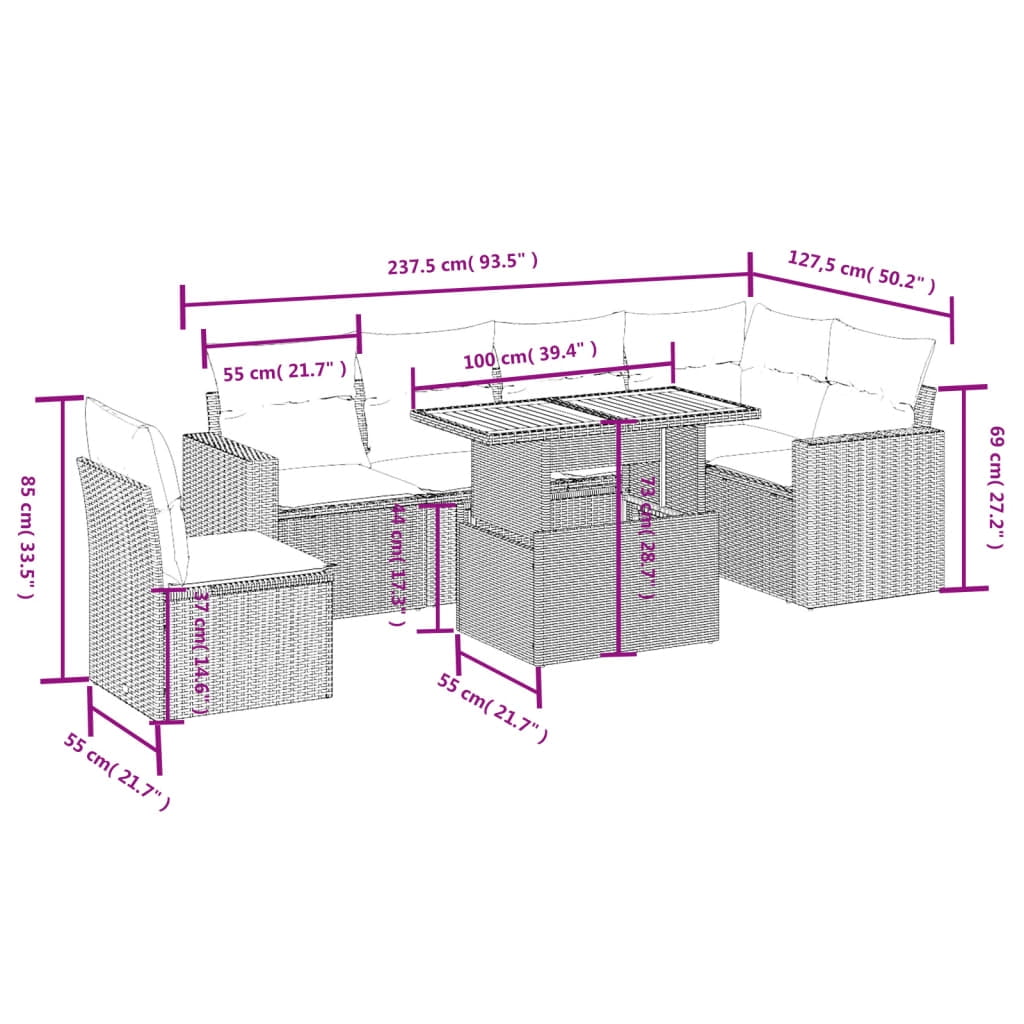 vidaXL Garden Sofa Set Grey PE rattan Medium Adjustable Armrests