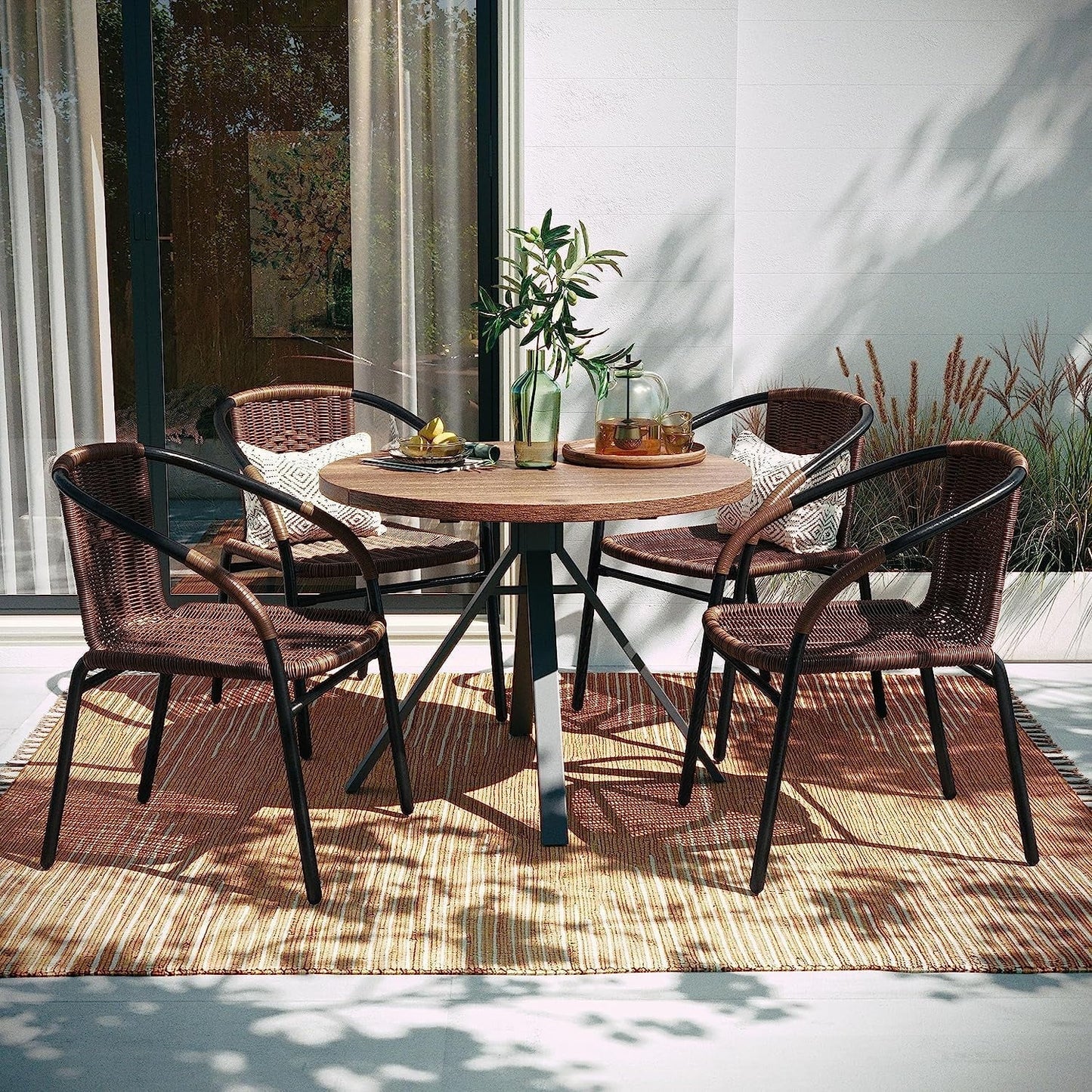 Jumpeak Lila Modern Rattan Indoor/Outdoor Stackable Dining Chairs, Stacking Rattan Bistro Chairs for Patio or Restaurant, Set of 4, Brown
