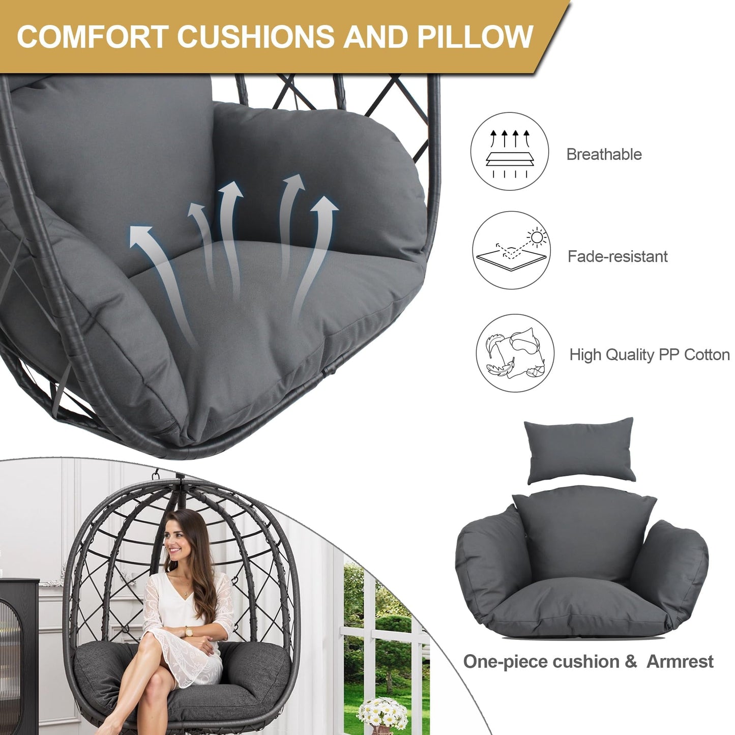 TQKVIPI Wicker Egg Chair Outdoor Indoor,Foldable Patio Hanging Egg Chair with Stand,Swing Chair with UV Resistant Cushion 350lbs Capacity for Bedroom, Patio, Garden and Balcony (Black+Dark Grey)