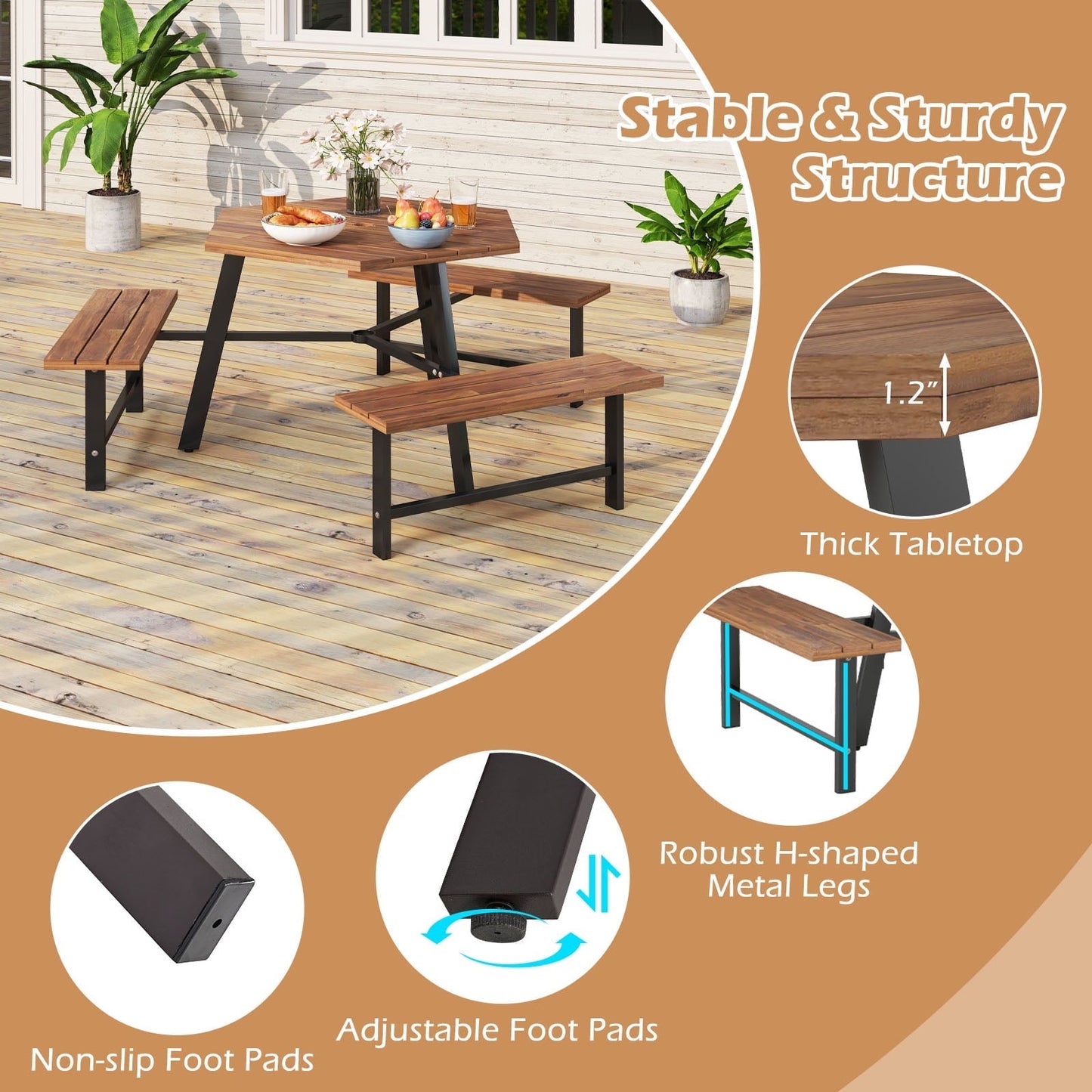 Gymax 6 Person Acacia Wood Picnic Table Bench Set w/3 Seats Umbrella Hole Metal Frame