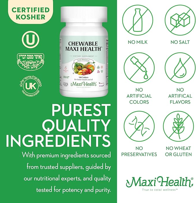 Maxi Health Chewable Multivitamin for Kids, Teens and Adults - Cherry Chewable Vitamins for Adults & Children - Kosher Kids Multivitamin + Iron (180 Tablets)