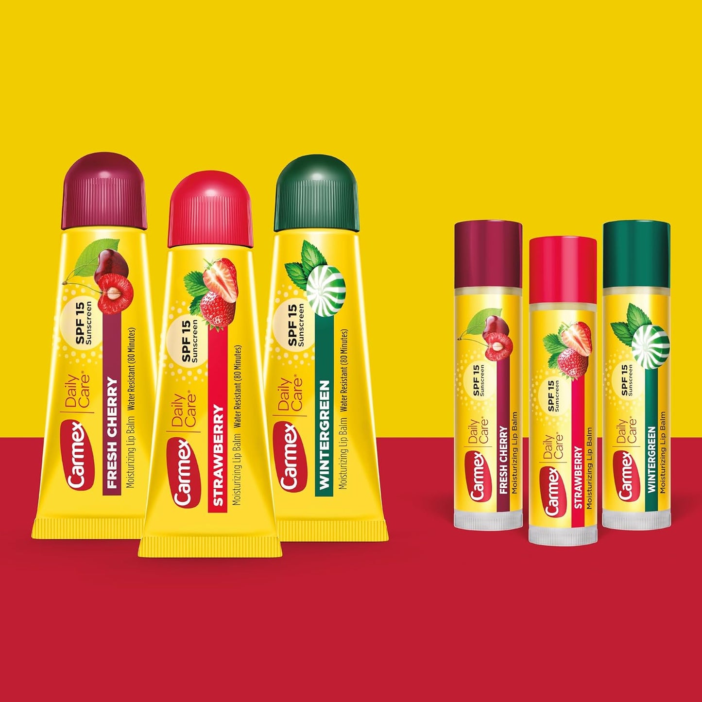Carmex Daily Care Moisturizing Lip Balm Pack, SPF 15, Multi-Flavor Lip Care Variety Pack Bag, 9 Count (3 Tubes, 6 Sticks)