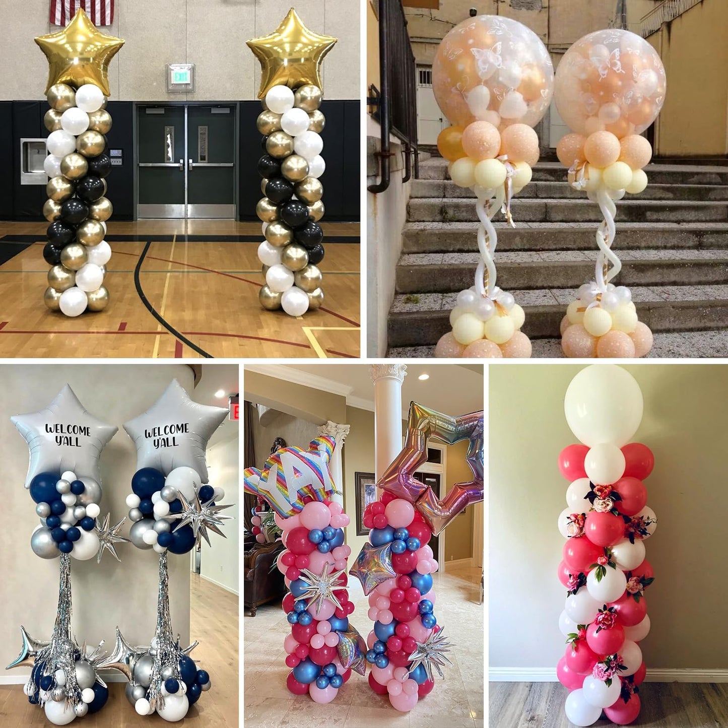 RUBFAC Balloon Column Stand Kit, Set of 2, 6.6ft Height Adjustable Column Kit, Metal Telescopic Pillar Balloon Stand, Birthday Party, Graduation, Wedding Christmas Decorations, White and Silver