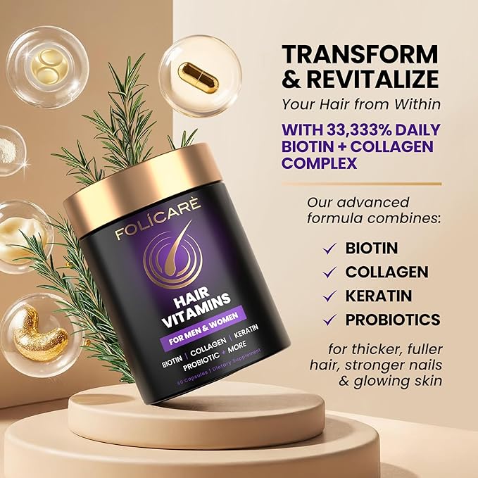 Hair Skin and Nails Vitamins for Women & Men, w/Biotin to Support Healthy Hair, Biotin Supplement Pills w/Collagen + Keratin + Probiotics, Biotina para Cabello Piel y Uñas - Made in USA