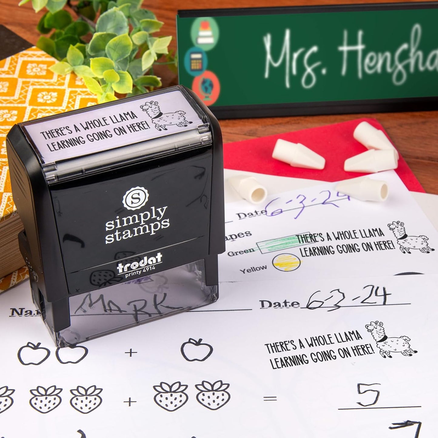 Whole Llama Learning Xtra Wide Self-Inking Stamps | 49 Classroom & Library Stamp Designs | Fun Phrases | Grading Made Easy