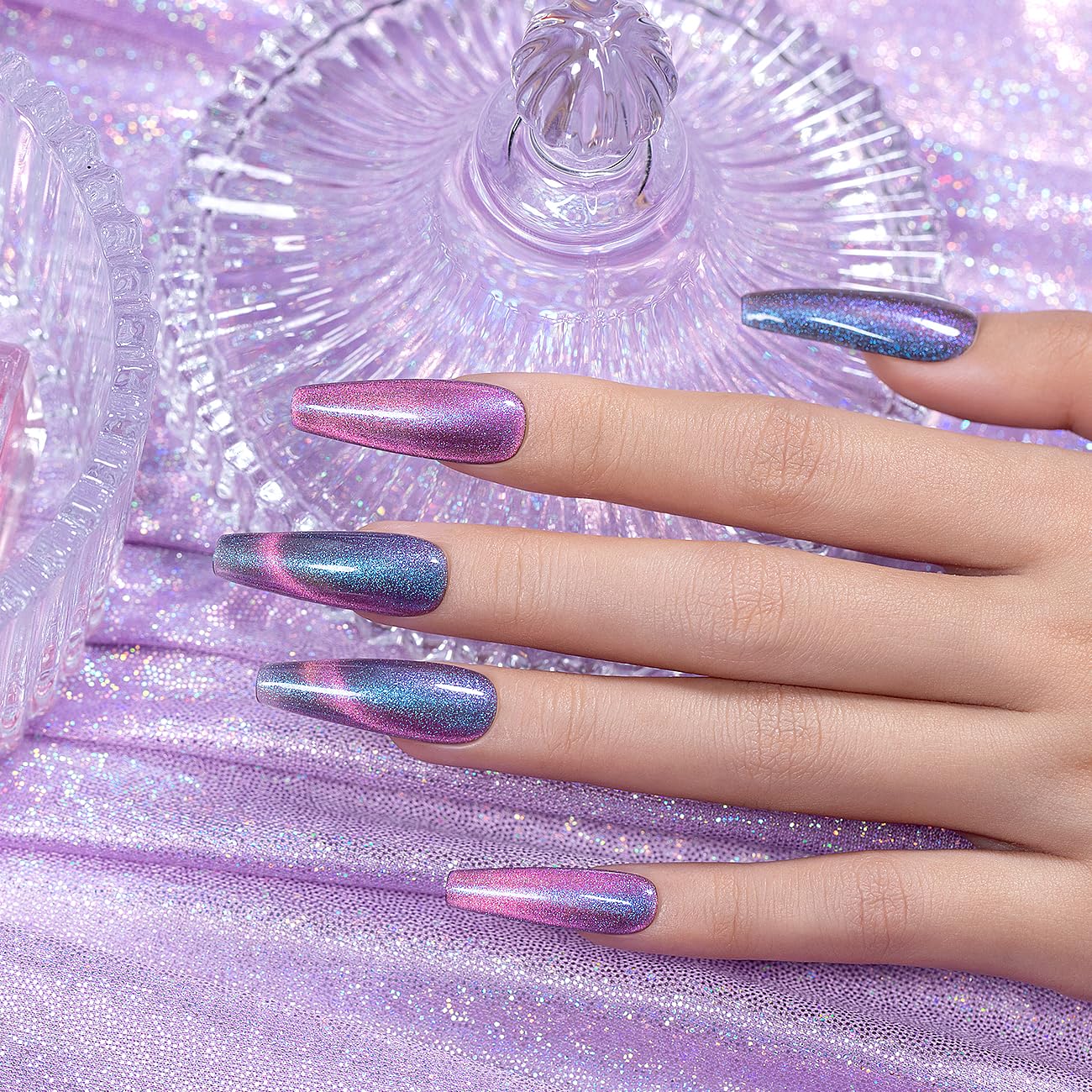 RARJSM Aurora Cat Eye Gel Nail Polish with Magnet Stick Blue Purple Multi Color 9D Diamond Galaxy Cateye Gel Polish Chunky Shimmer UV LED Curing Requires Soak Off for Home Salon Manicure 15ml