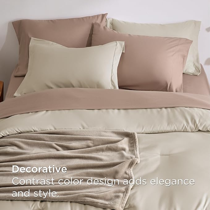 Bedsure Queen Comforter Set Beige, 8 Pieces Prewashed Queen Size Bed in a Bag with Soft Fleece Bed Blanket, Down Alternative Bedding Set for All Seasons, Sheets, Pillowcases & Shams
