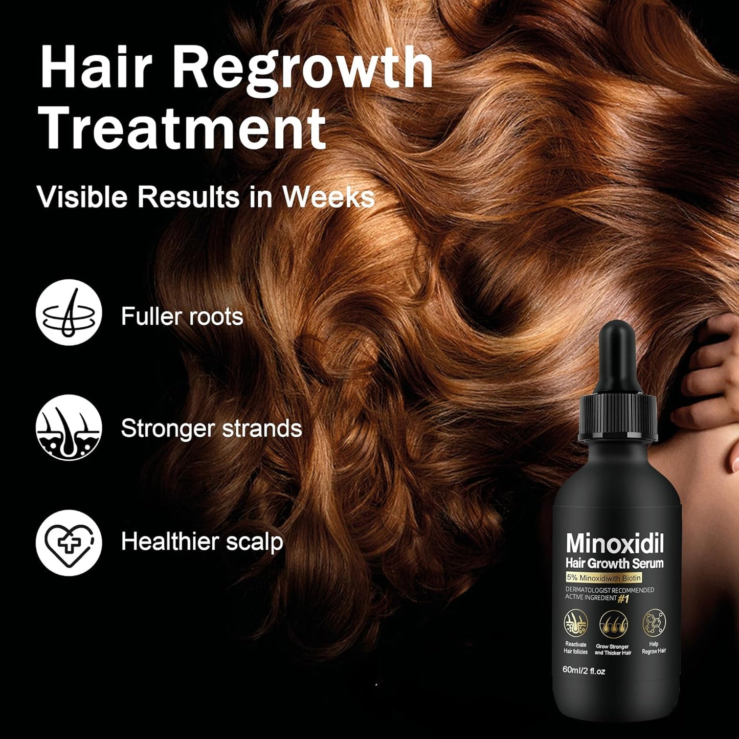 5% Minoxidil Hair Growth Serum, Topical Minoxidil for Men and Women, Hair Regrowth Treatment for Scalp Hair Loss and Thinning, With Biotin - 2.02 Fl oz
