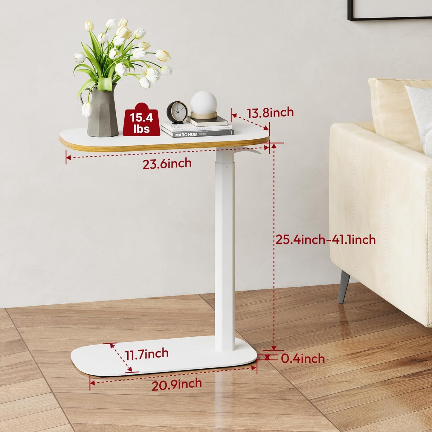 SANODESK Adjustable Overbed Bedside Table Pneumatic Adjustable Height Laptop Computer Standing Desk Cart with Tray, Hospital and Home Use(23.6" W x 13.8" D,White)