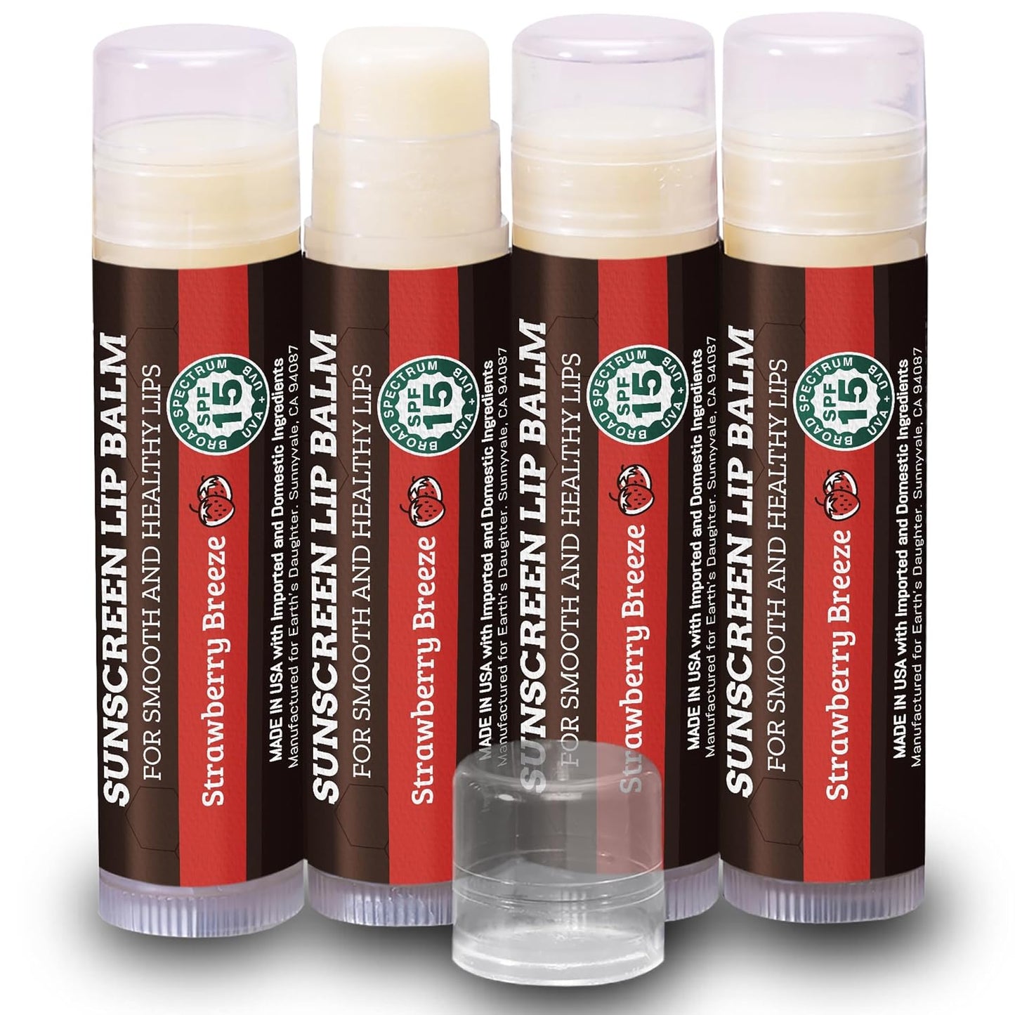 Earth's Daughter SPF Lip Balm 4-Pack Strawberry Flavor - Lip Sunscreen, SPF 15, Organic Ingredients, Beeswax, Coconut Oil, Vitamin E - Hypoallergenic, Paraben Free, Gluten Free