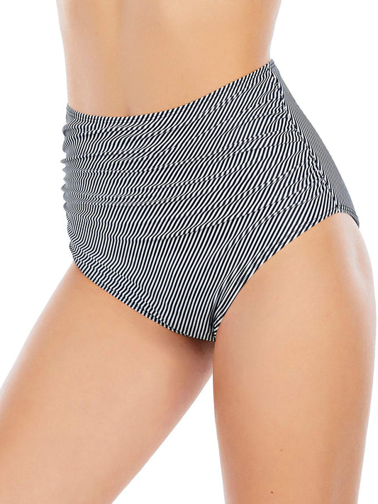 High Waisted Bikini Bottoms Ruched Tummy Control Swimsuits Bottoms Sexy Swim Bottom Bathing Suits for Women Black&White Striped S