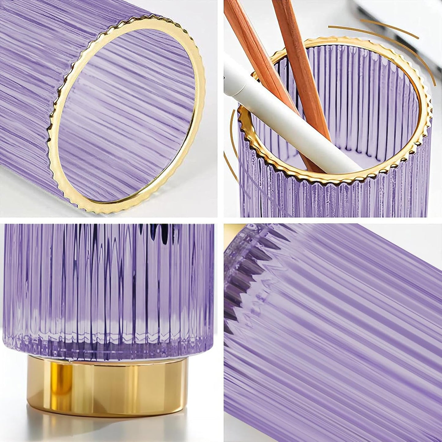 DASITON Makeup Brush holder Organizer,Crystal Cosmetic Makeup Brush Glass Brushes Storage Holder, Vintage Make Up Brush Cup Pen Pencil Holder striped vase(Purple S)