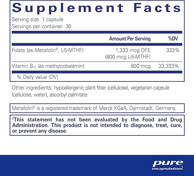 Pure Encapsulations B12 Folate - Energy Supplement to Support Nerves, Energy Metabolism & Cognitive Support* - with Vitamin B Folate as Metafolin - 30 Capsules