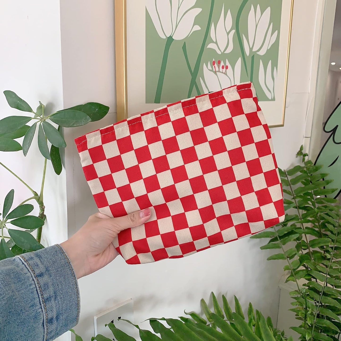 PAZIMIIK Makeup Bag Large Zipper Corduroy Make Up Pouch for Purse Travel Canvas Cosmetic Organizer for Women Brush Storage,Checkered Red