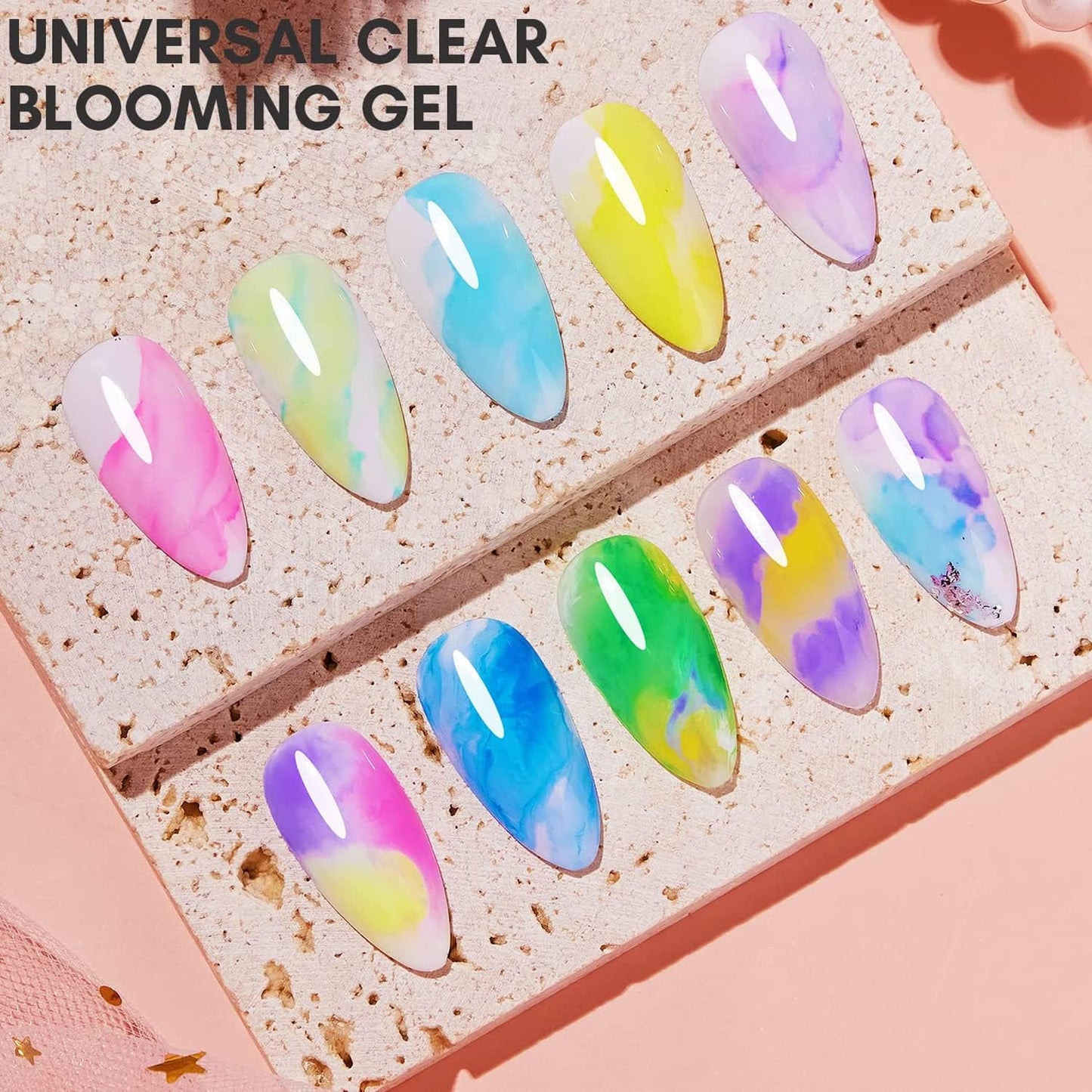 Vishine 2 Pcs 16ml Blooming Gel, Clear Blooming Nail Polish, Spreading Effects Soak Off UV Gel Natural Stone Watercolor Floral Print for Nail Art Design Manicure