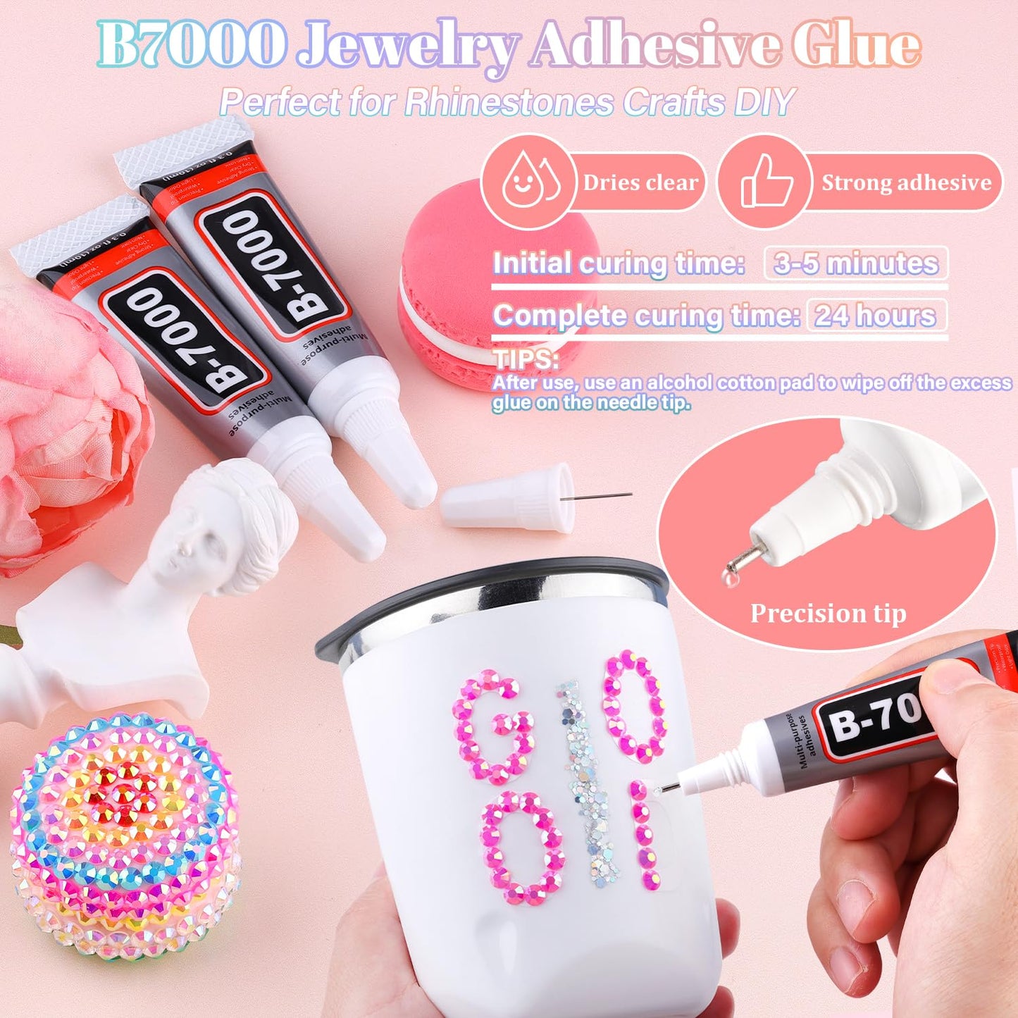 30000Pcs Resin Rhinestones for Bedazzling with 3Pcs B7000 Jewelry Glue, Hot Pink AB Flatback Gems Rhinestones for Crafting, Clothing Tumblers Mugs Shoes Fabric Decor Nail Art