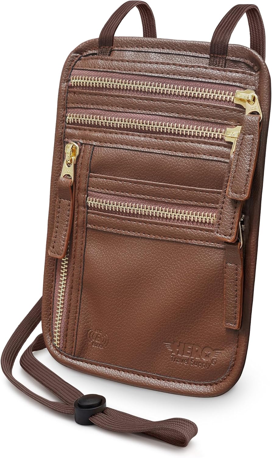 HERO Neck Wallet, RFID Blocking Passport Holder, Vegan Leather Travel Pouch (Brown)