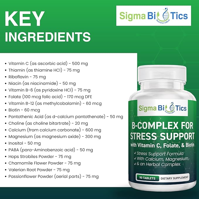 B Complex for Stress Support - Energy, Nerve & Mood Support with Vitamins, Minerals & Botanicals - Non-GMO, 90 Tablets for Relaxation