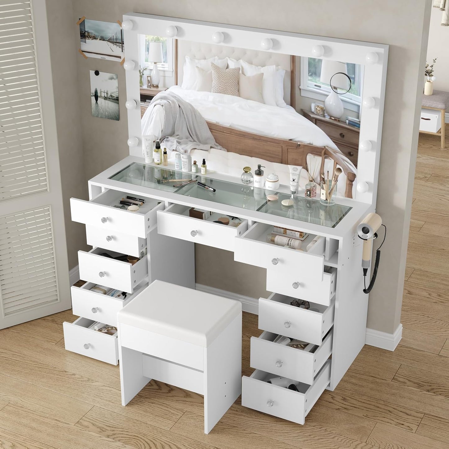 Vanity Desk & Power Outl, Makeup Vanity with Mirror and 12 LED Lights, Makeup Table with 11 Drawers, Vanity Table with Chair,Set 3 Lighting Modes Brightness Adjustable-(White)