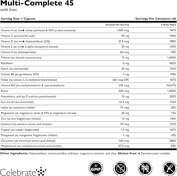 Celebrate Vitamins Multi-Complete, 45mg Iron – Daily Bariatric Multivitamin for Sleeve Gastrectomy and Gastric Bypass Surgery Patients – Essential Vitamins & Minerals (180 Capsules)