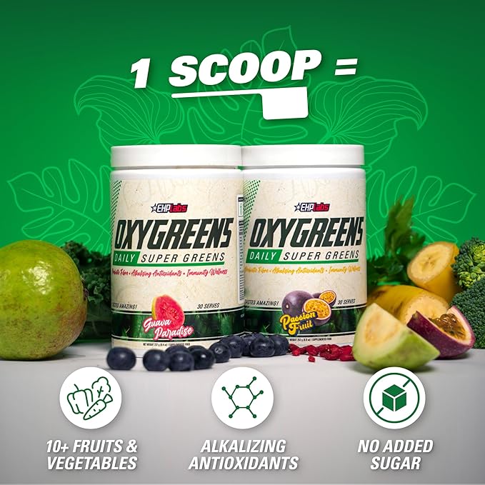 EHP Labs OxyGreens Super Greens Powder - Spirulina & Chlorella Superfood, Green Juice Powder & Greens Supplements with Prebiotic Fibre, Antioxidants & Immunity Support, 30 Serves (Pineapple)